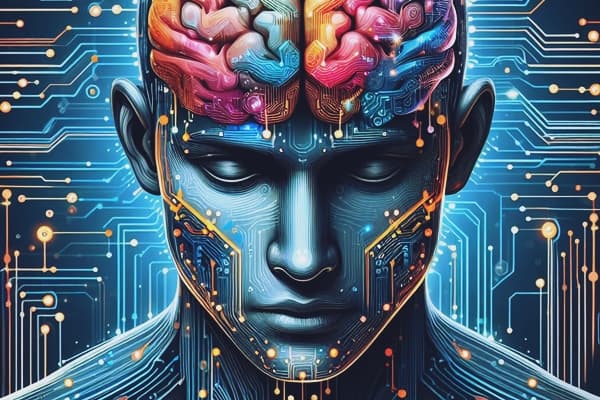 Illustration of a human brain with electronic circuits, symbolizing the fusion of biological and artificial intelligence.