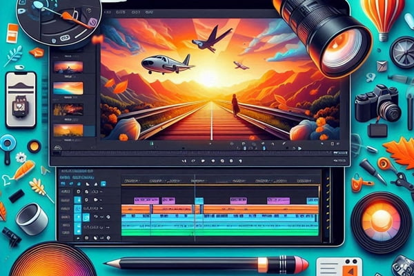 Colorful illustration depicting video editing tools, including cameras, lenses, and a video editing software interface with a timeline view, showing a scene of an airplane flying in the twilight sky